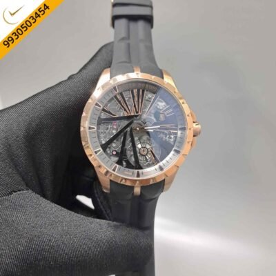 Roger Dubuis Oblvlo Cyber Skeleton Edition Gold Black Dial Black Rubber Strap Swiss Automatic Watch