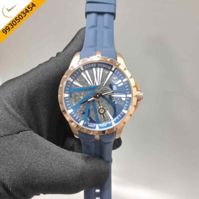 Roger Dubuis Oblvlo Cyber Skeleton Edition Gold Black Dial Blue Rubber Strap Swiss Automatic Watch