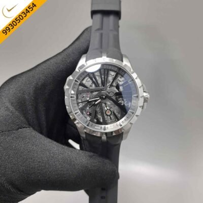Roger Dubuis Oblvlo Cyber Skeleton Edition Silver Black Dial Black Rubber Strap Swiss Automatic Watch