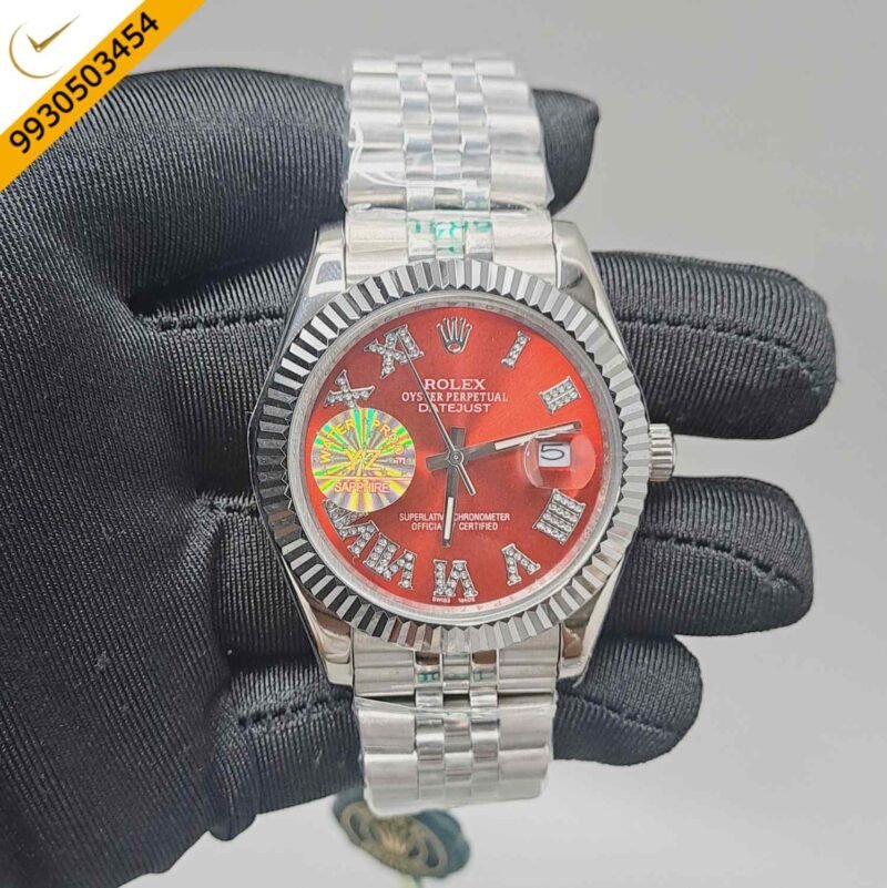 Rolex Date-Just Silver-Red Diamond Roman Figure Steel Semi ETA Swiss Automatic Watch