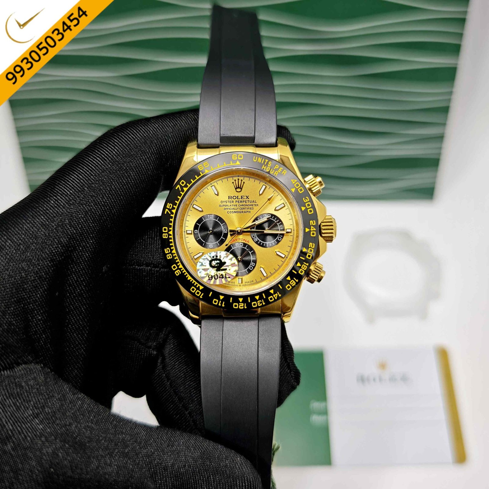 Rolex Oyster Perpetual Cosmograph Daytona golden steel Swiss Semi ETA automatic watch featuring a luxury chronograph dial, stainless steel gold-tone case, and premium automatic movement.