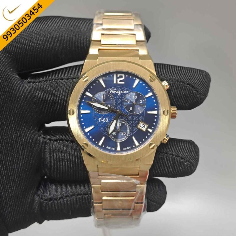 Salvatore Ferragamo F-80 Classic Chronograph Full Gold Blue Dial Swiss Automatic Watch