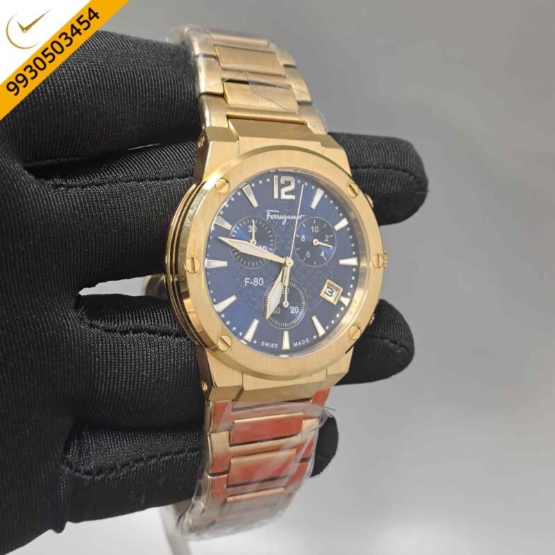 Salvatore Ferragamo F-80 Classic Chronograph Full Gold Blue Dial Swiss Automatic Watch - Image 3