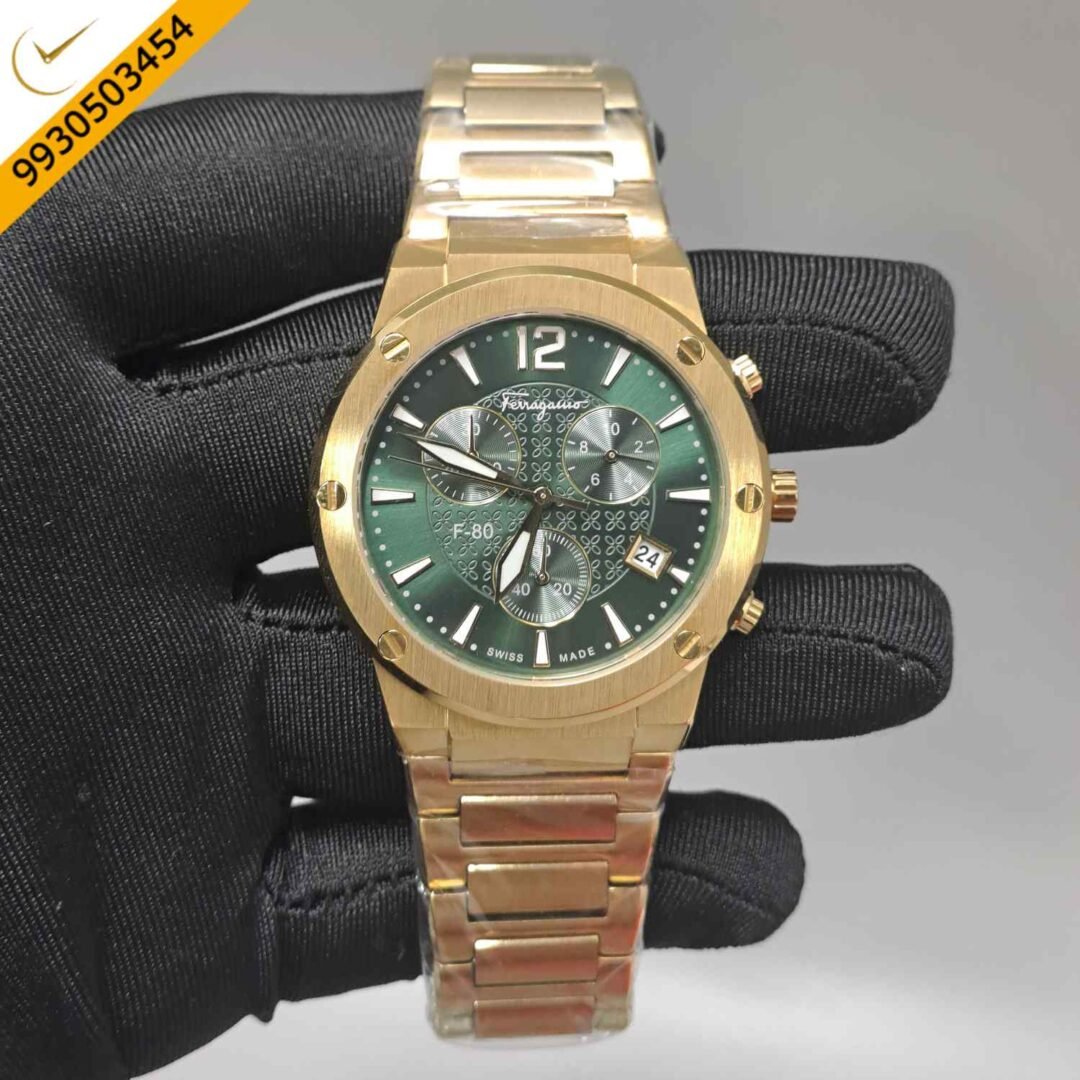 Salvatore Ferragamo F-80 Classic Chronograph Full Gold Green Dial Swiss Automatic Watch