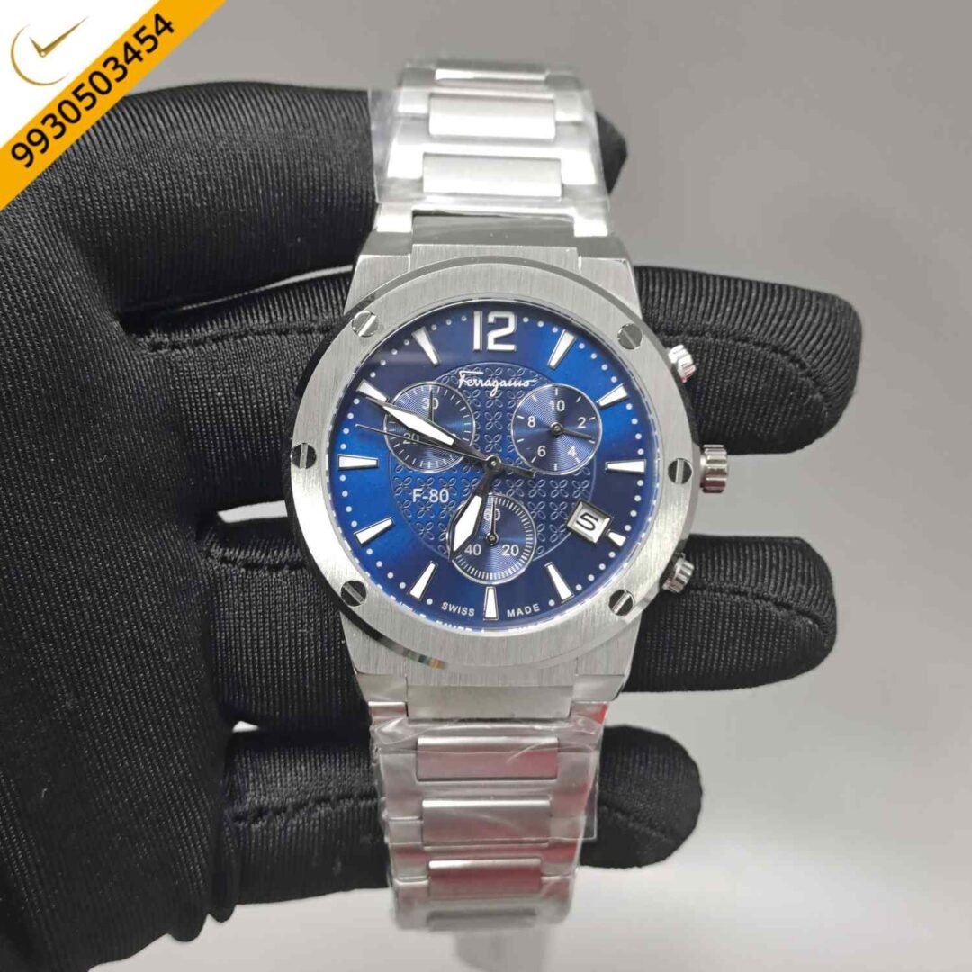 Salvatore Ferragamo F-80 Classic Chronograph Silver Blue Dial Swiss Automatic Watch