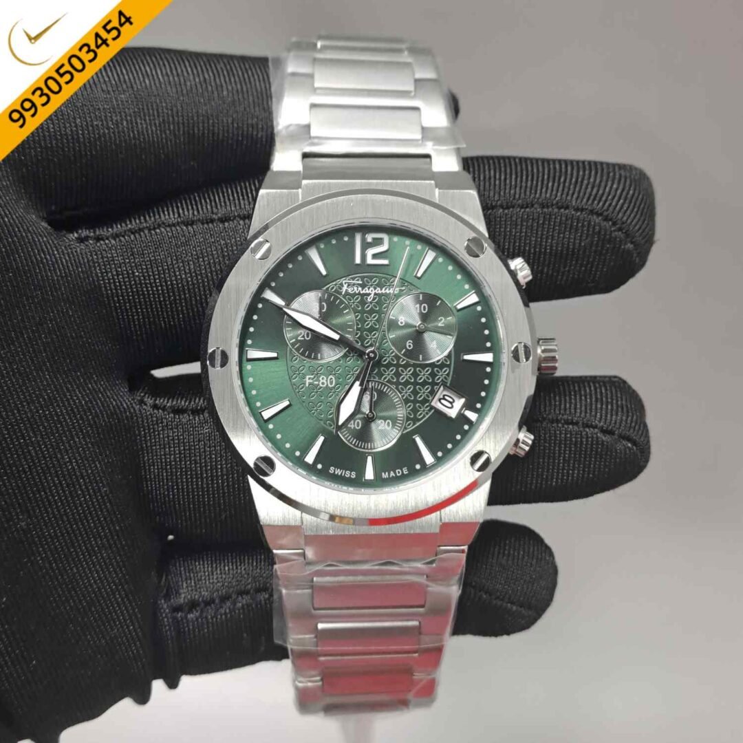 Salvatore Ferragamo F-80 Classic Chronograph Silver Green Dial Swiss Automatic Watch