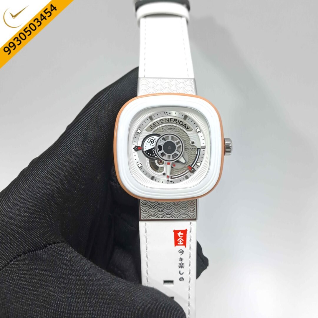 Seven Friday P1B-03 Japan Limited Edition White Skeleon Dial White Leather Strap Swiss Automatic Watch