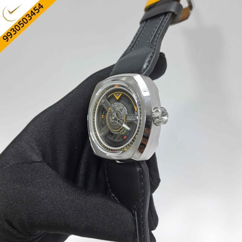 SevenFriday SF W1-01 The Blade Striking Steel Black Skeleton Dial Black Leather Strap swiss Automatic Watch - Image 2