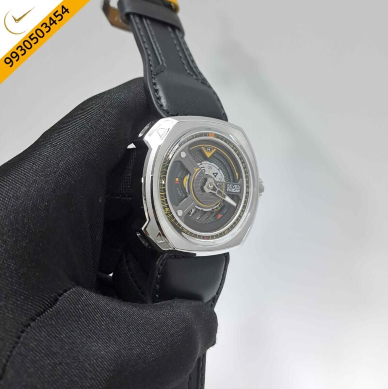 SevenFriday SF W1-01 The Blade Striking Steel Black Skeleton Dial Black Leather Strap swiss Automatic Watch - Image 3