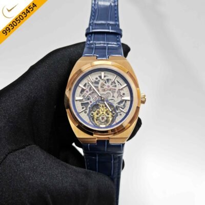Vacheron Constantin Overseas Tourbillon Rose Gold Grey Skeleton Dial Blue Leather Strap Swiss Automatic Watch