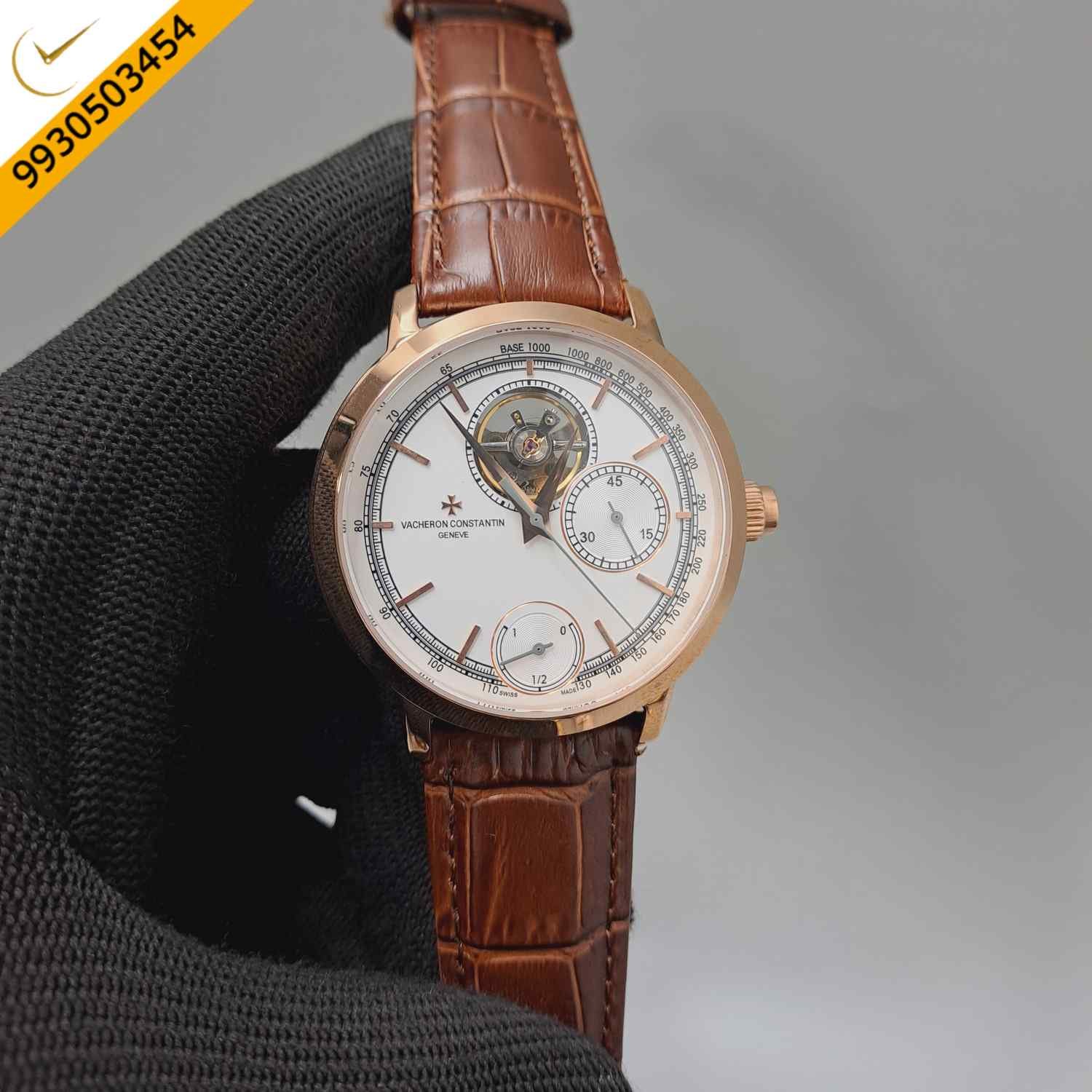 Vacheron Constantin Traditionnelle Tourbillon Chronograph Swiss automatic watch featuring a white dial, premium leather strap, elegant chronograph display, and luxury haute horlogerie craftsmanship.