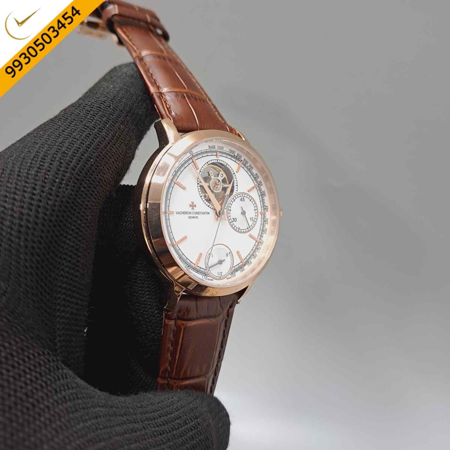 Vacheron Constantin Traditionnelle Tourbillon Chronograph White Dial Leather Swiss Automatic Watch - Image 3