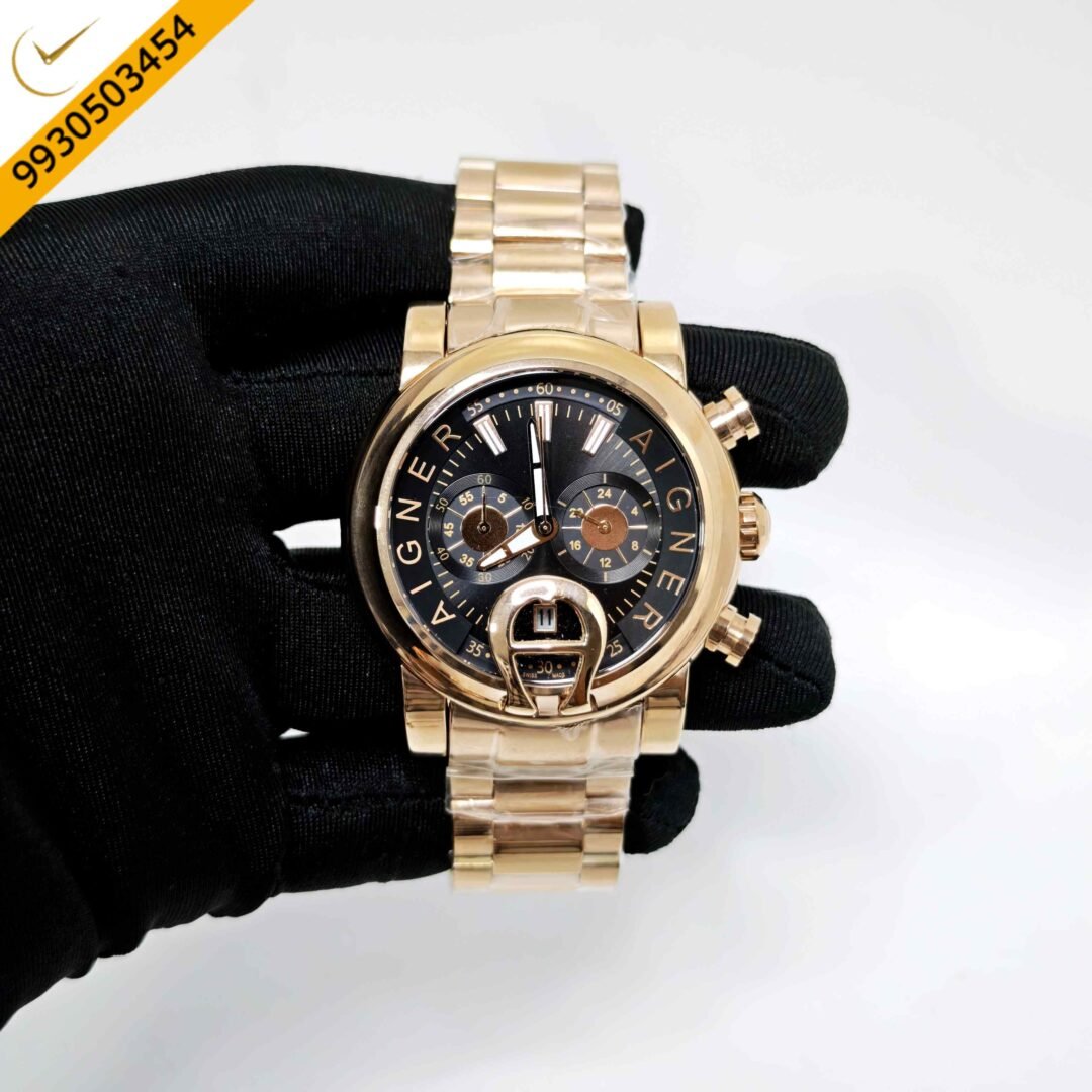 Aigner Bari Chronograph Steel Black Dial Rose Gold Steel Strap Swiss Watch