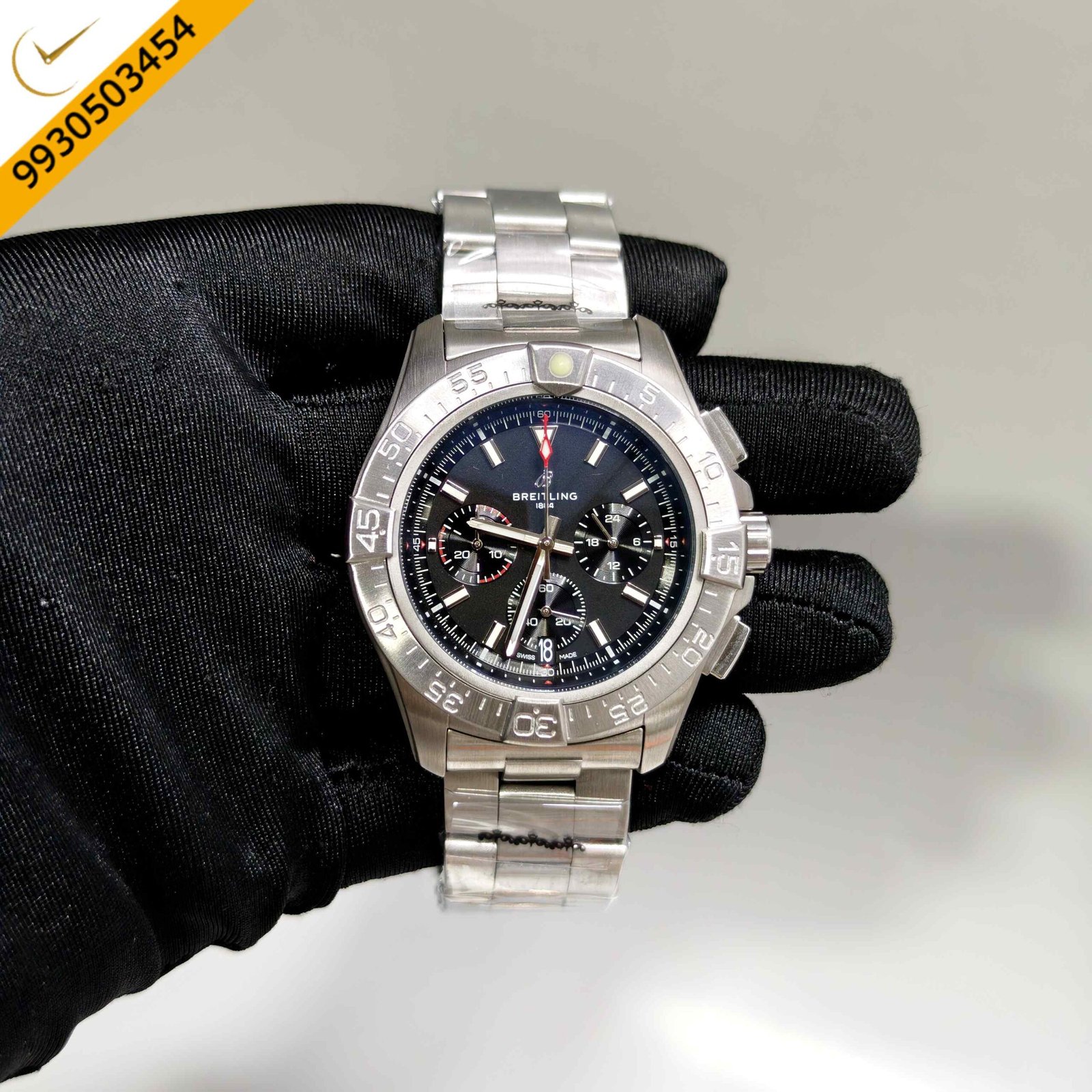 Breitling Avenger B01 Chronograph Swiss automatic watch featuring a black dial, stainless steel case and bracelet, in-house B01 chronograph movement, and luxury aviation-inspired design.