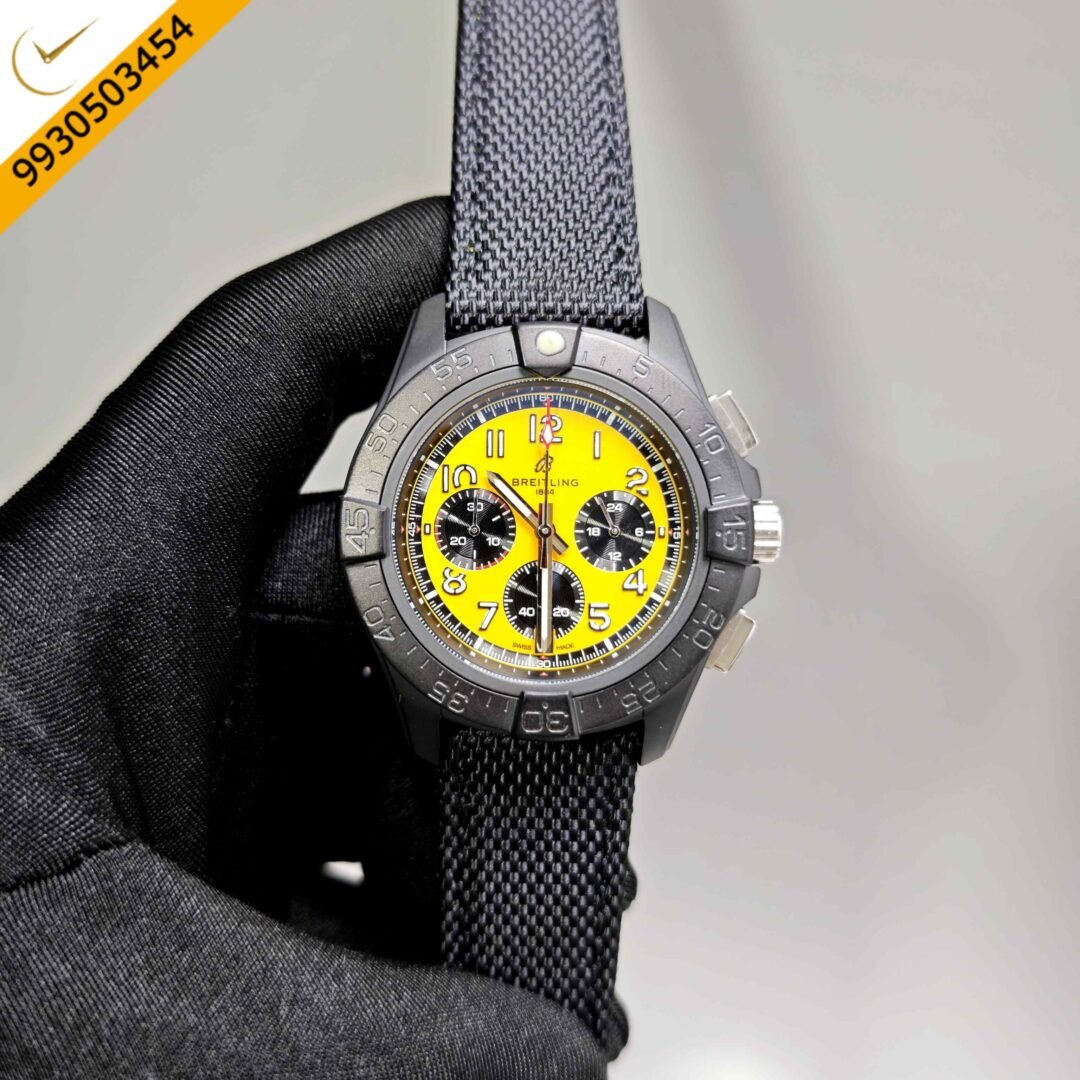 Breitling Avenger B01 Chronograph 44 Yellow Dial Black Leather Strap Swiss Automatic Watch