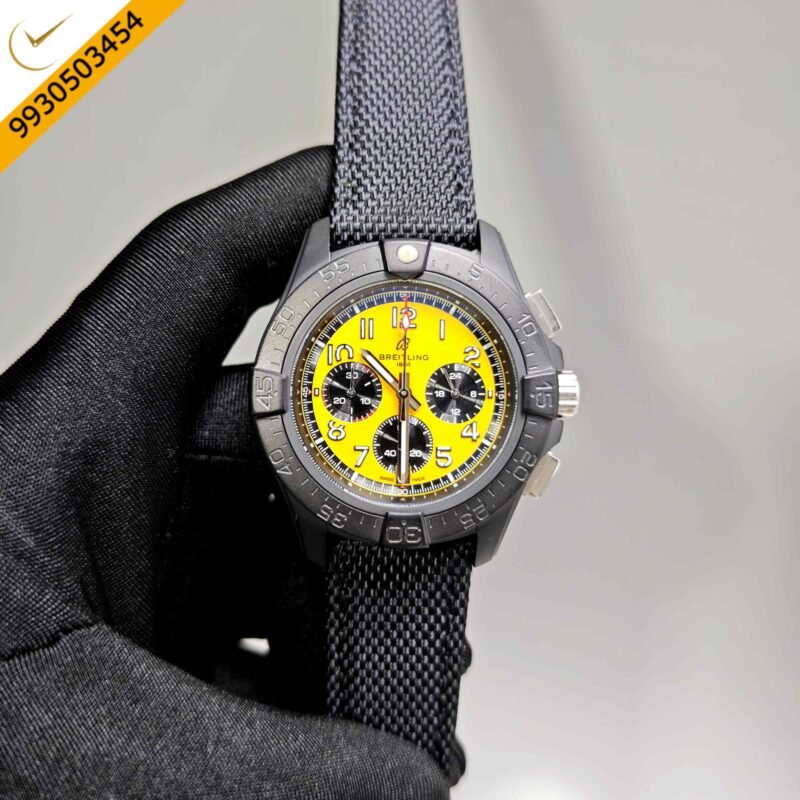 Breitling Avenger B01 Chronograph 44 Yellow Dial Black Leather Strap Swiss Automatic Watch