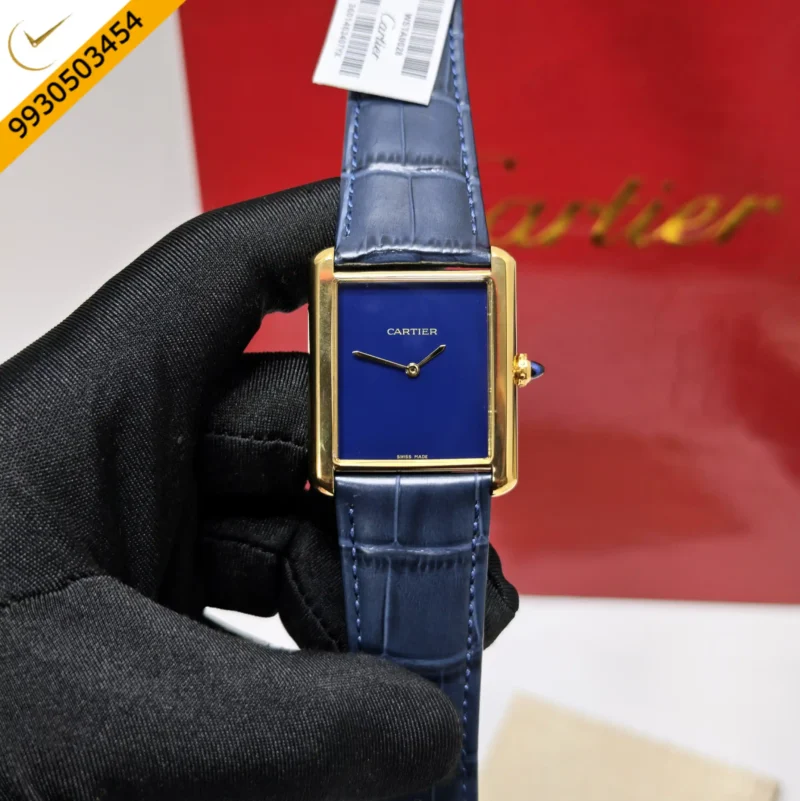 Cartier Tank Solo Gold Blue Dial Leather Strap Swiss watch