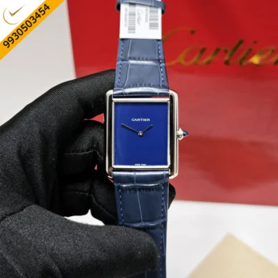 Cartier Tank Solo Steel Full Blue Dial Leather Strap Swiss watch
