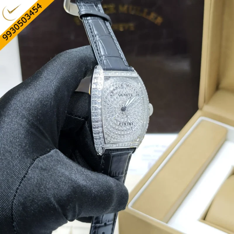 Franck Muller CASABLANCA Silver White Diamond Dial Black Leather Strap Swiss Automatic Watch - Image 3