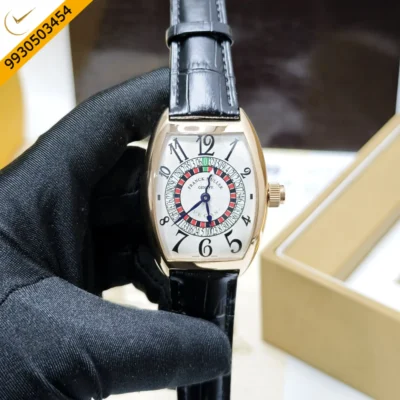 Franck Muller Casablanka Vegas Rose Gold White Dial Black Leather Strap Swiss Automatic Watch