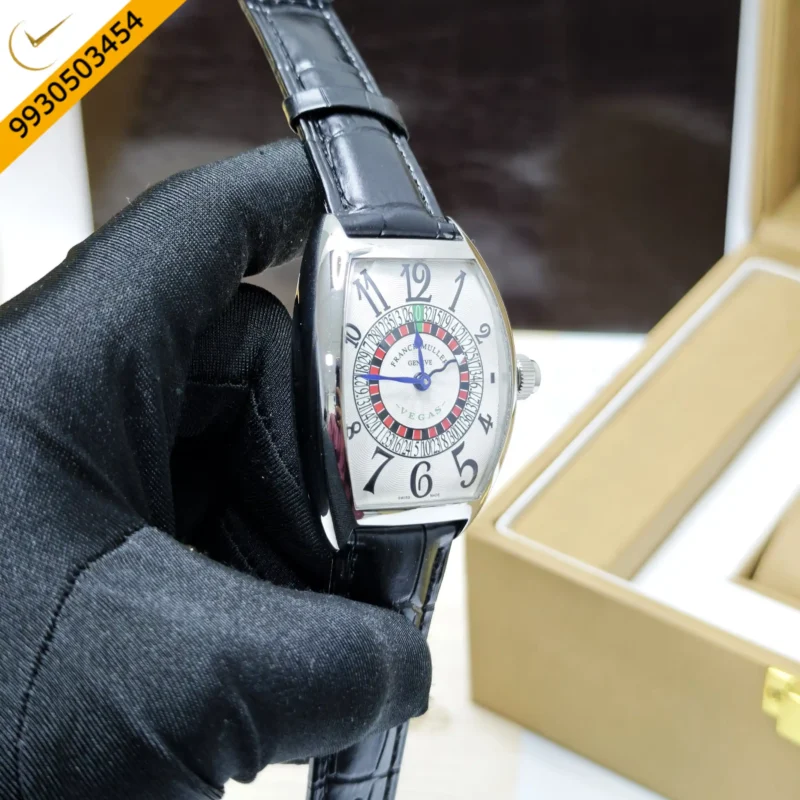 Franck Muller Casablanka Vegas Steel White Dial Black Leather Strap Swiss Automatic Watch - Image 3