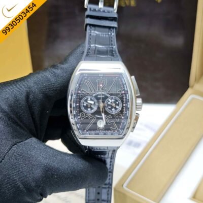 Franck Muller VANGAURD Chronograph Steel Black Dial Black Leather Strap Swiss Watch