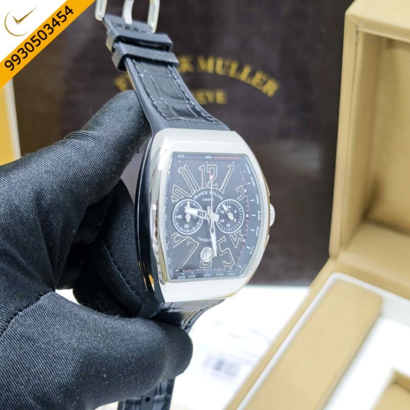 Franck Muller VANGAURD Chronograph Steel Black Dial Black Leather Strap Swiss Watch - Image 3