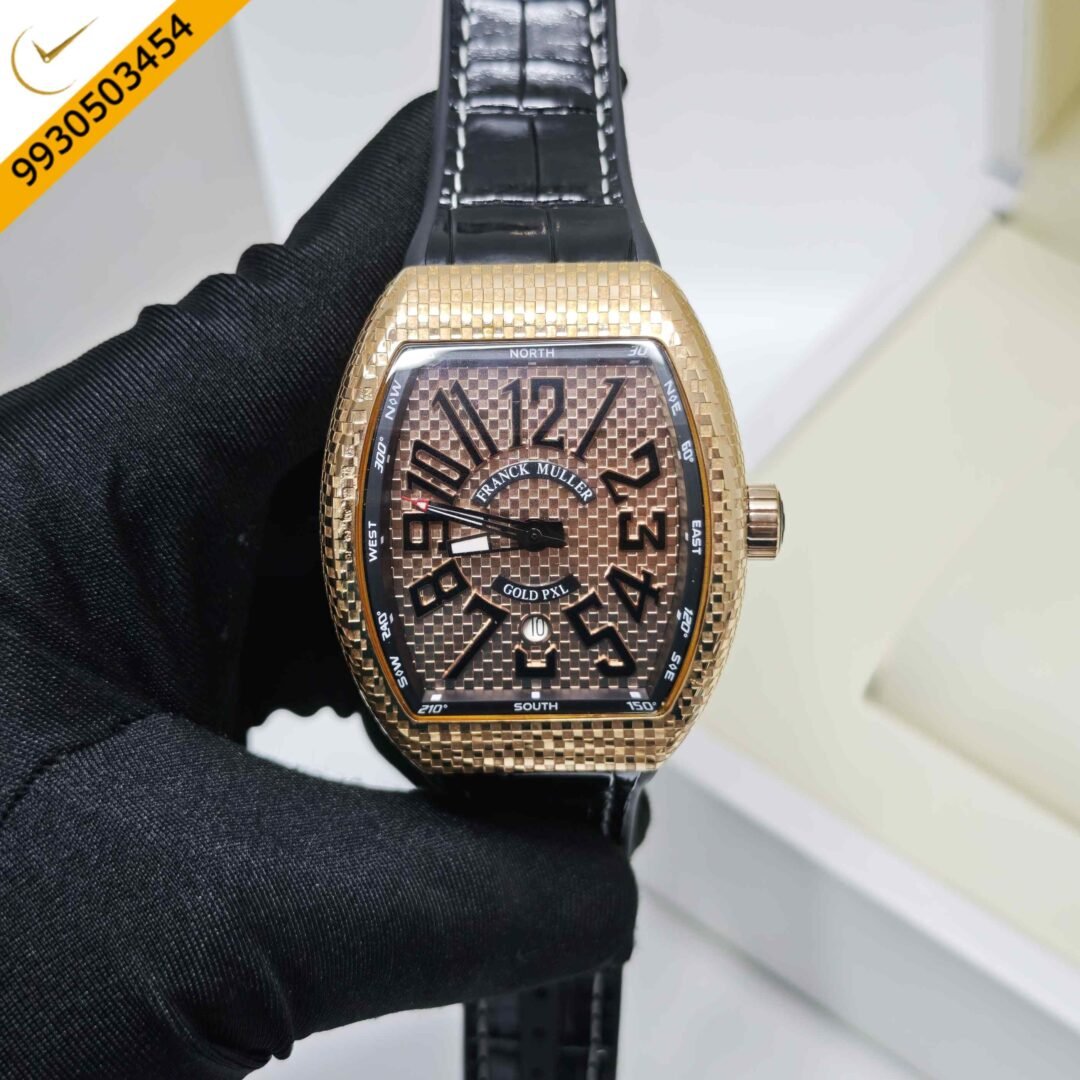 Franck Muller Vanguard Gold PXL Gold Dial Black Leather Strap Swiss Automatic Watch