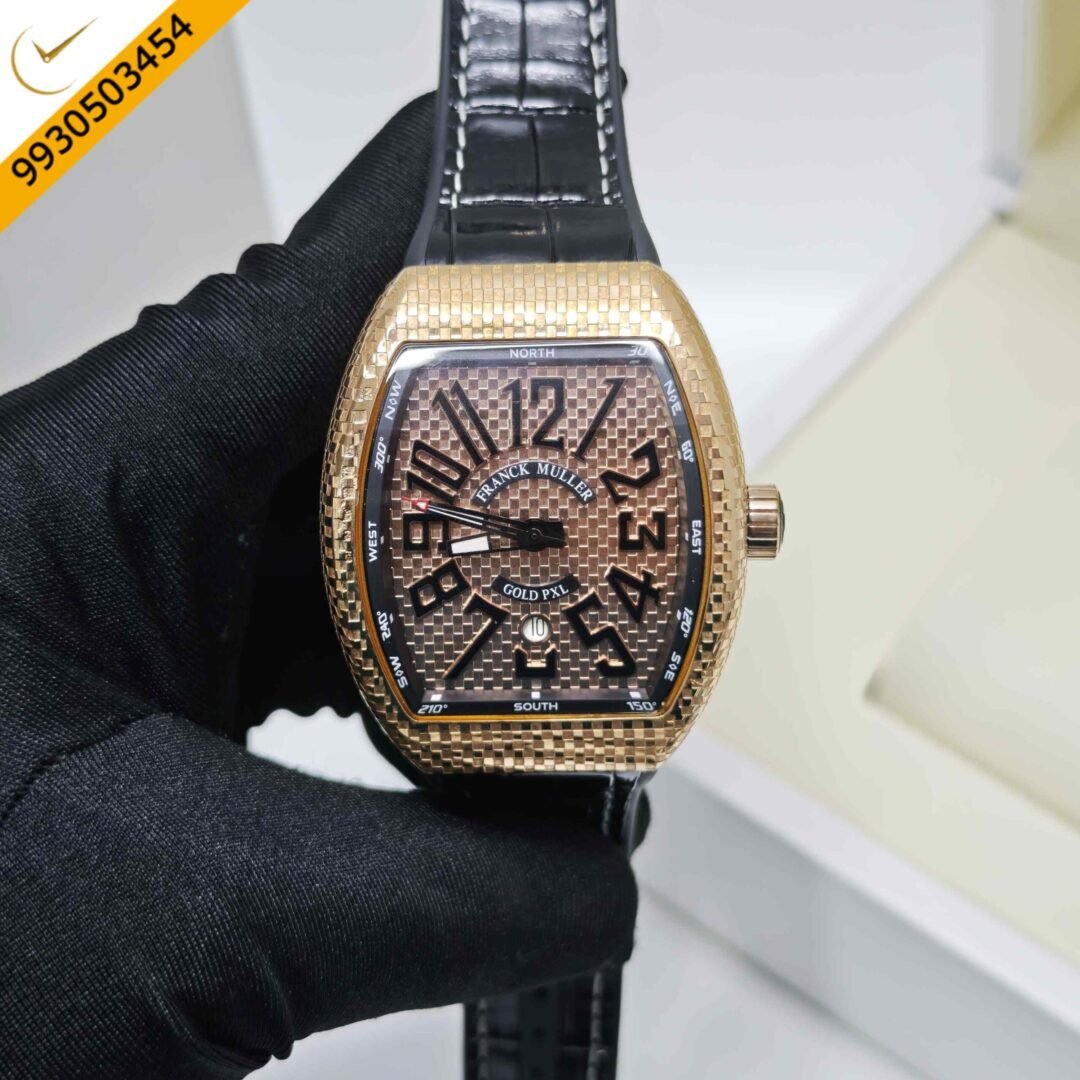 Franck Muller Vanguard Gold PXL Gold Dial Black Leather Strap Swiss Automatic Watch