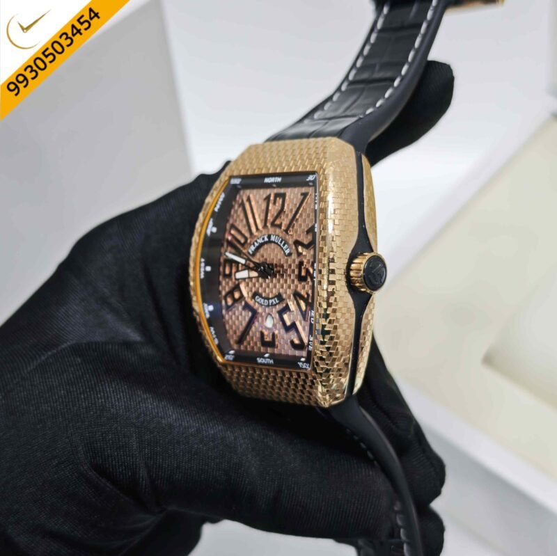 Franck Muller Vanguard Gold PXL Gold Dial Black Leather Strap Swiss Automatic Watch - Image 2