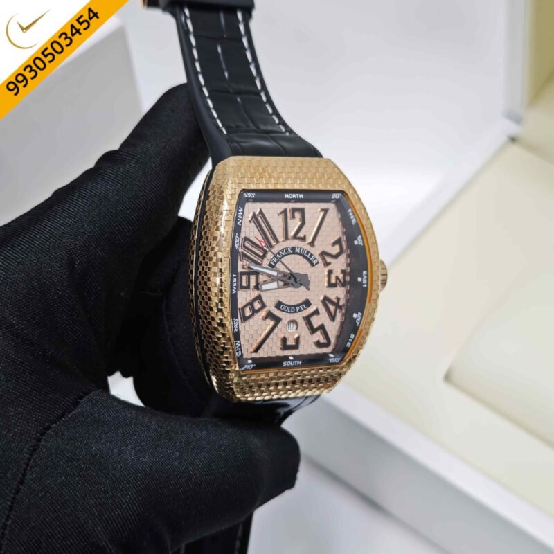 Franck Muller Vanguard Gold PXL Gold Dial Black Leather Strap Swiss Automatic Watch - Image 3