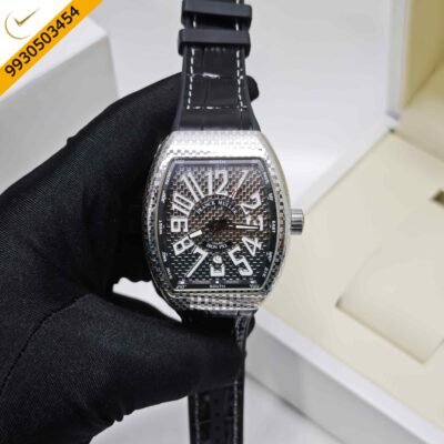 Franck Muller Vanguard Iron PXL Steel Silver Dial Black Leather Strap Swiss Automatic Watch