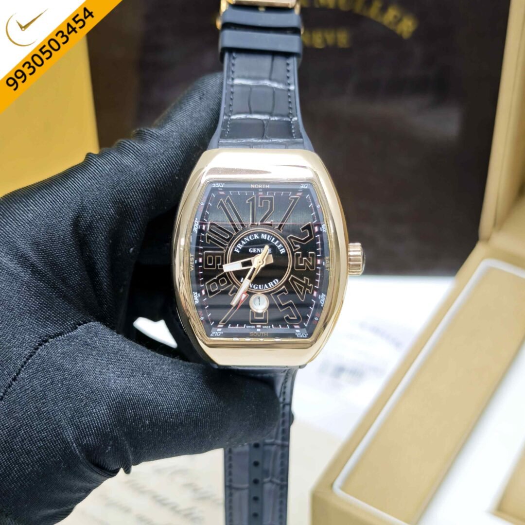 Franck Muller Vanguard Yachting Gold Black Dial Leather Strap Swiss Automatic Watch