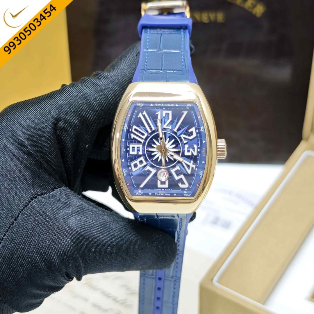 Franck Muller Vanguard Yachting Gold Blue Dial Leather Strap Swiss Automatic Watch