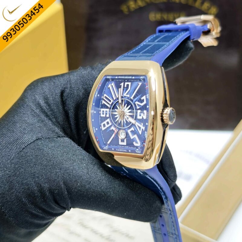 Franck Muller Vanguard Yachting Gold Blue Dial Leather Strap Swiss Automatic Watch - Image 2