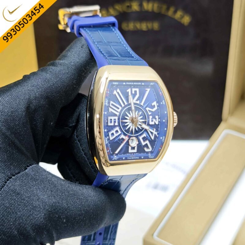 Franck Muller Vanguard Yachting Gold Blue Dial Leather Strap Swiss Automatic Watch - Image 3