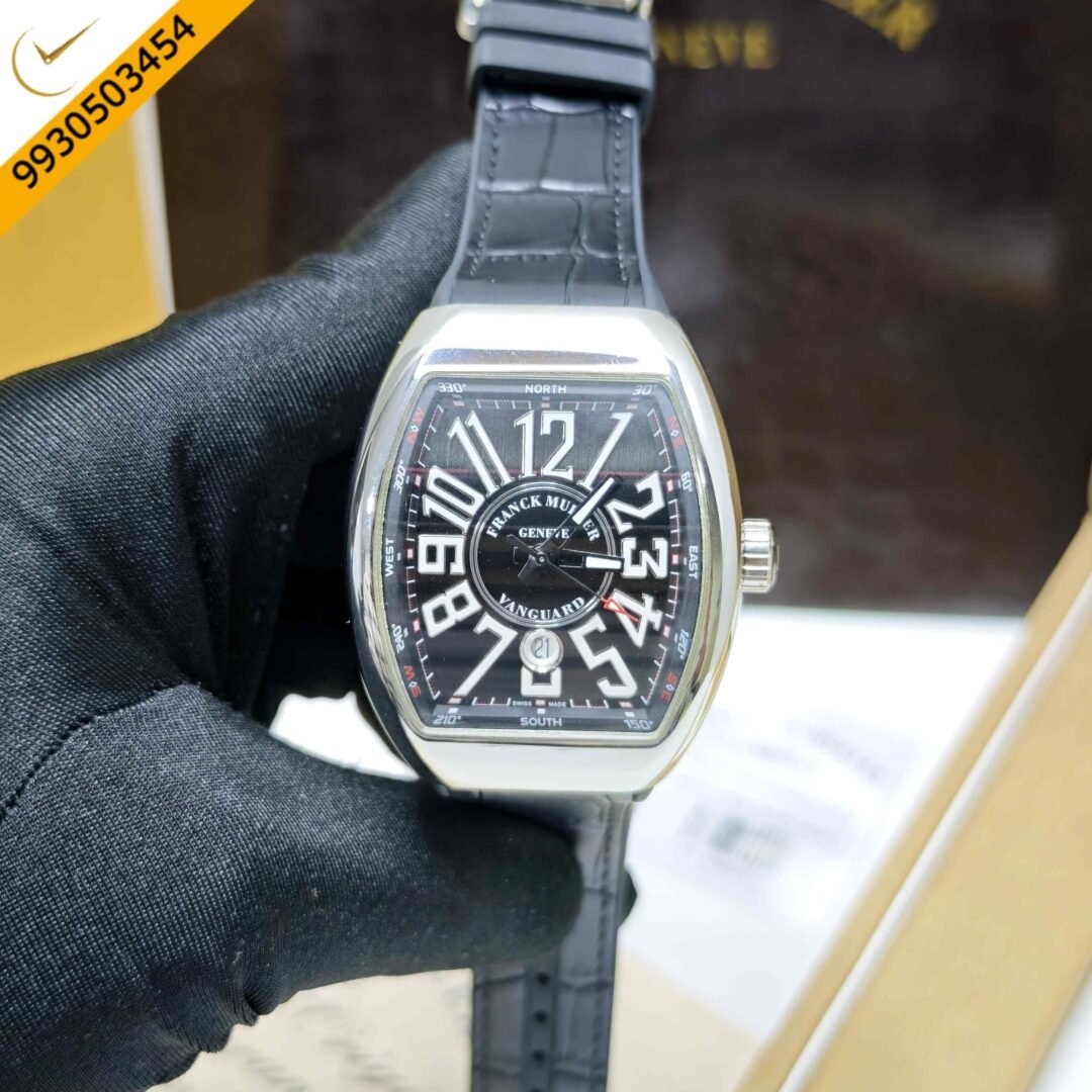 Franck Muller Vanguard Yachting Steel Black Dial Leather Strap Swiss Automatic Watch
