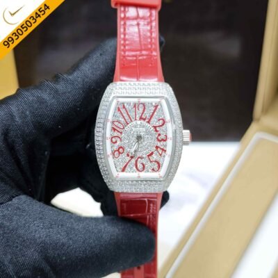 Franck muller cheap vanguard full diamond Steel Whte Diamond Dial Leather Strap Swiss Automatic Watch