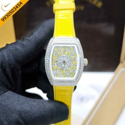 Franck muller cheap vanguard full diamond Steel Whte Diamond Dial Yellow Leather Strap Swiss Automatic Watch