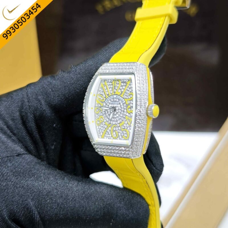 Franck muller cheap vanguard full diamond Steel Whte Diamond Dial Yellow Leather Strap Swiss Automatic Watch - Image 2