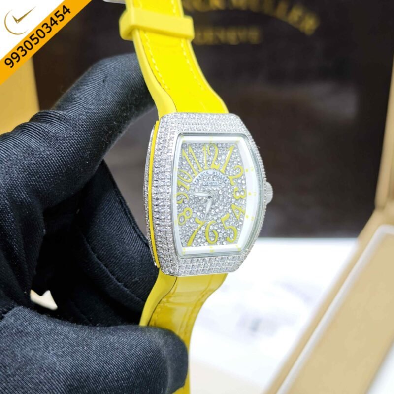Franck muller cheap vanguard full diamond Steel Whte Diamond Dial Yellow Leather Strap Swiss Automatic Watch - Image 3