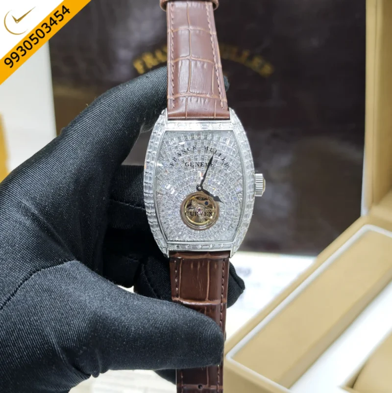 Frank Muller Grand Cintree Curvex Tourbillon White Dial Brown Leather Strap Swiss Automatic Watch