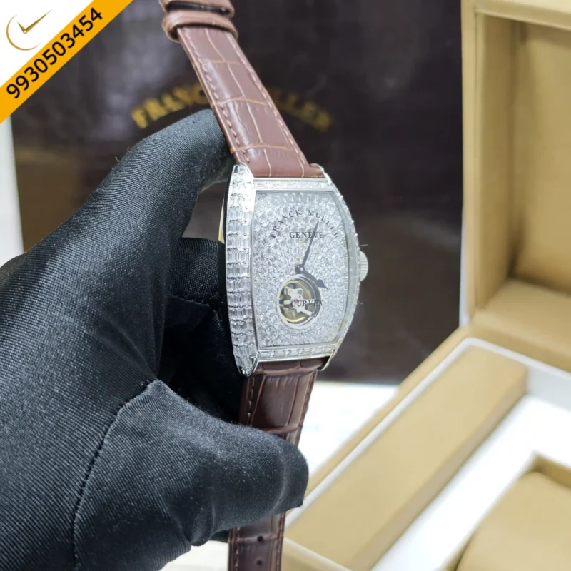 Frank Muller Grand Cintree Curvex Tourbillon White Dial Brown Leather Strap Swiss Automatic Watch - Image 3