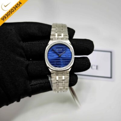 Gucci 25H Diamond Bazel Blue Dial Stainless Steel Strap Swiss Quartz Watch