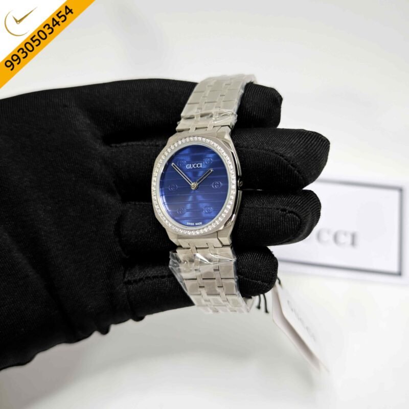 Gucci 25H Diamond Bazel Blue Dial Stainless Steel Strap Swiss Quartz Watch - Image 2