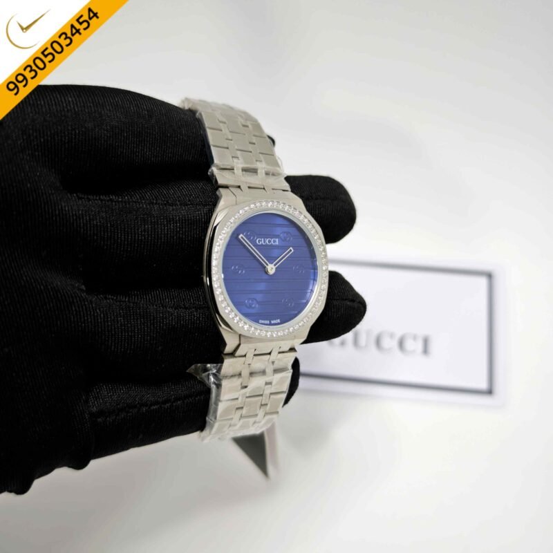 Gucci 25H Diamond Bazel Blue Dial Stainless Steel Strap Swiss Quartz Watch - Image 3