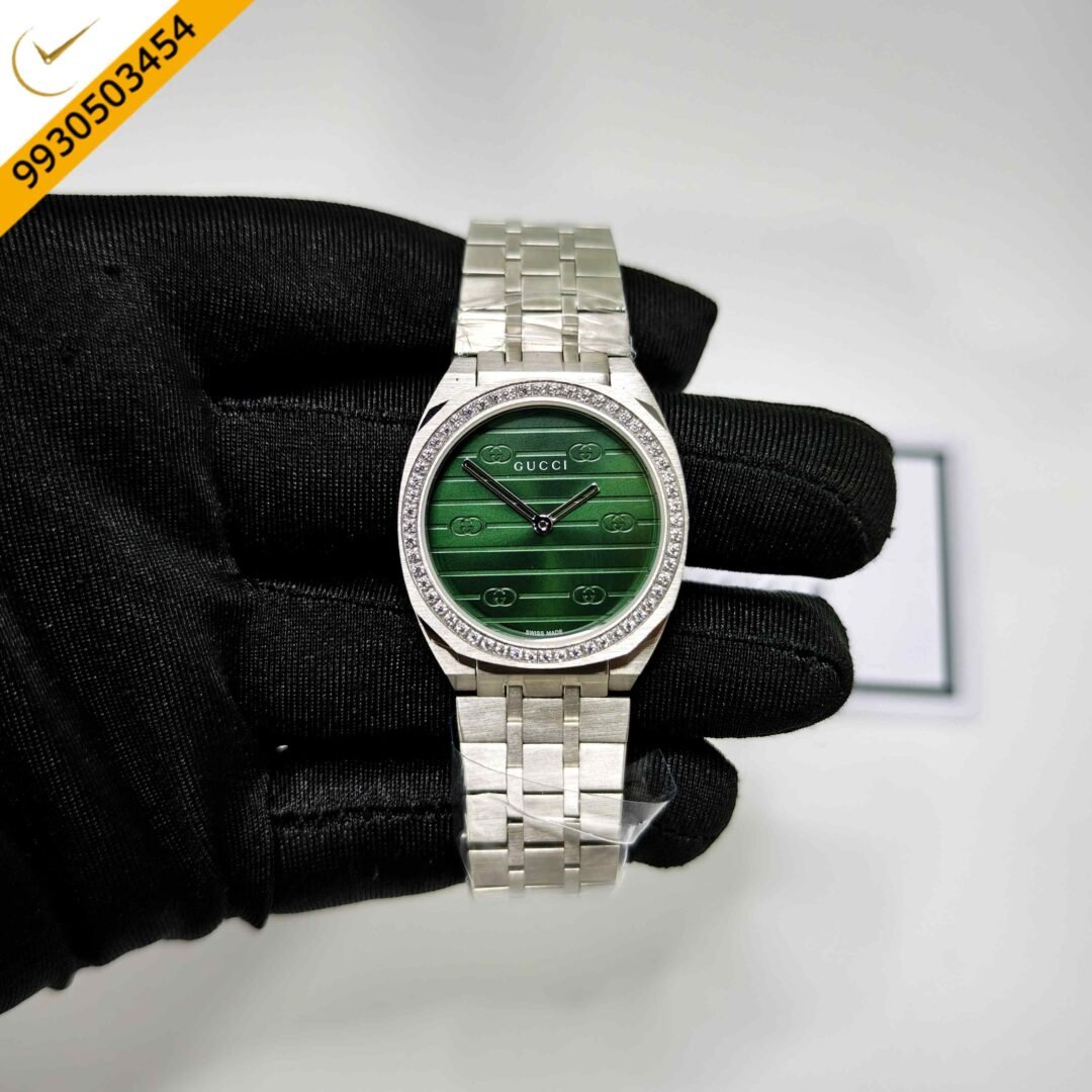 Gucci 25H Diamond Bazel Green Dial Stainless Steel Strap Swiss Quartz Watch