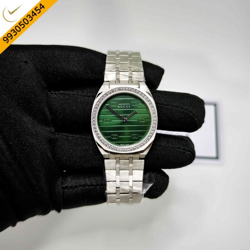 Gucci 25H Diamond Bazel Green Dial Stainless Steel Strap Swiss Quartz Watch