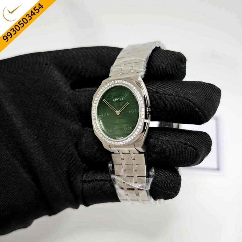 Gucci 25H Diamond Bazel Green Dial Stainless Steel Strap Swiss Quartz Watch - Image 2