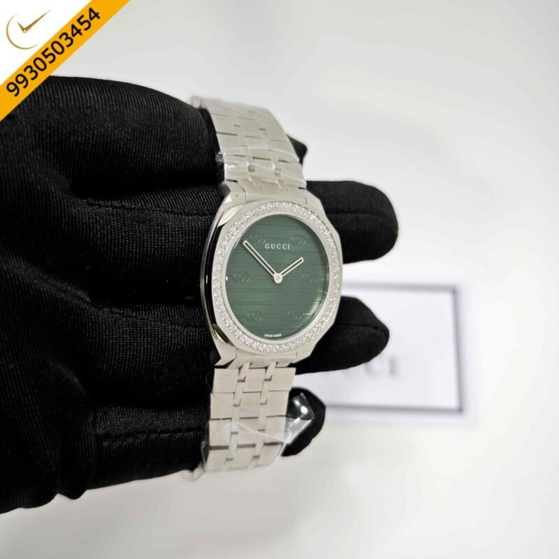 Gucci 25H Diamond Bazel Green Dial Stainless Steel Strap Swiss Quartz Watch - Image 3